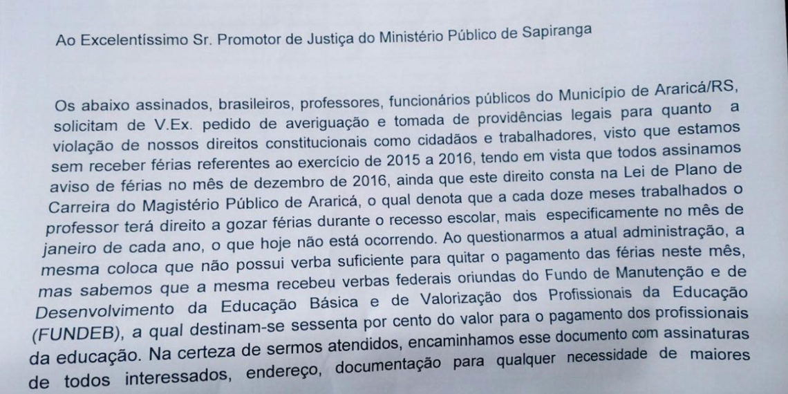Servidores públicos de Araricá entram com ação no MP por salários e férias