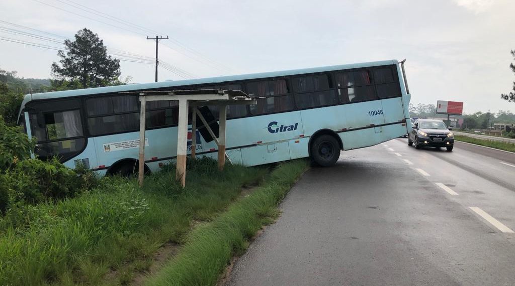 Motorista perde controle de ônibus e veículo vai parar em matagal às margens da RS-239, em Araricá