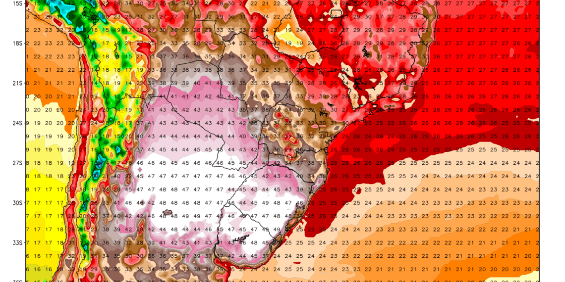 Modelo da calor dos Estados Unidos aponta temperaturas próximas dos 50ºC no Rio Grande do Sul