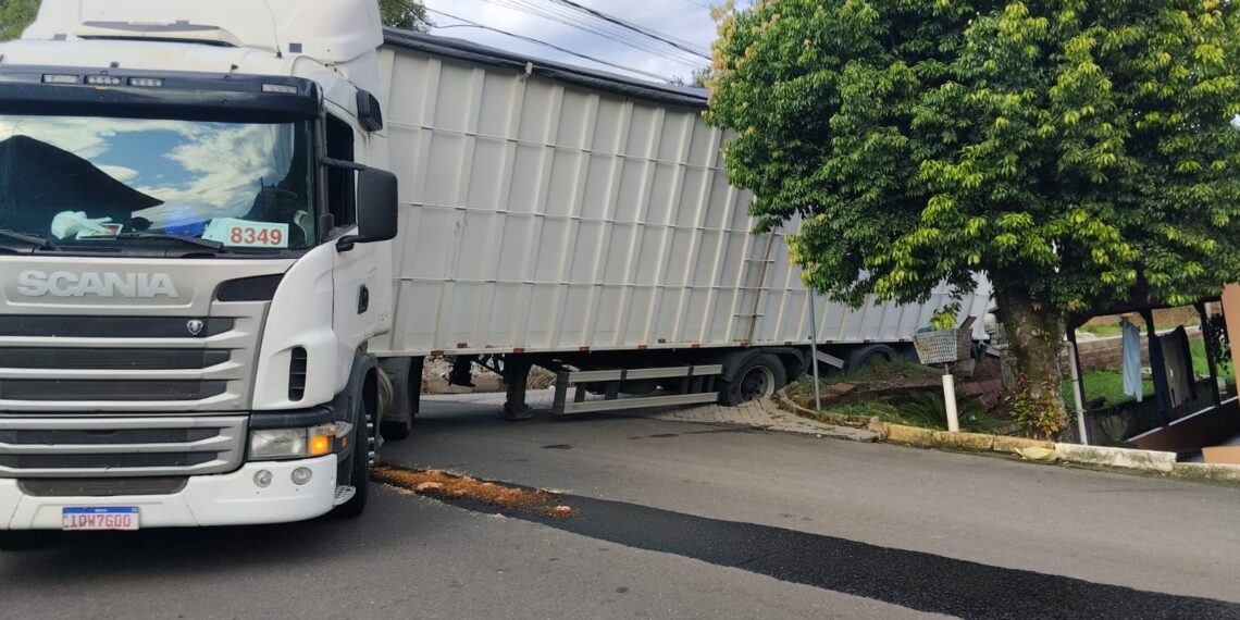 Caminhão tomba em pátio de residência na madrugada em Nova Hartz