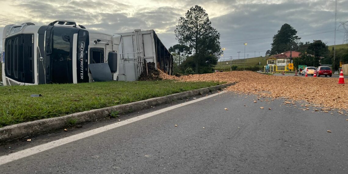 Carreta tomba na madrugada, carga se espalha e bloqueia RS-239
