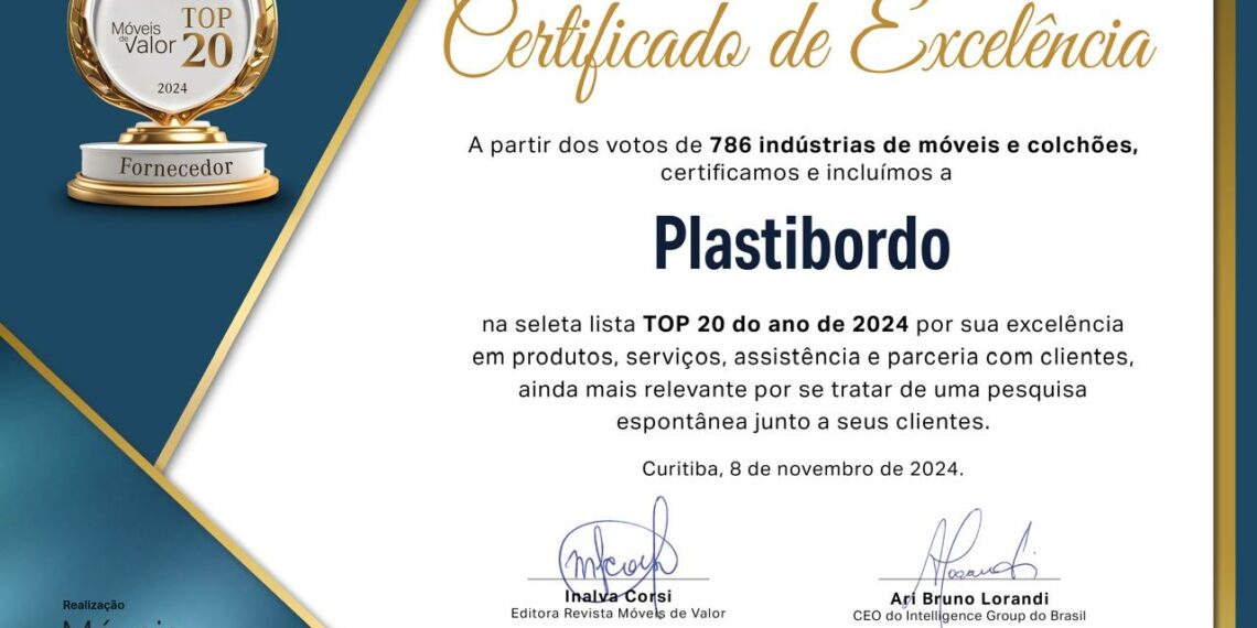 Plastibordo recebe o certificado de Fornecedor Top 20 de 2024, entregue pela Móveis de Valor